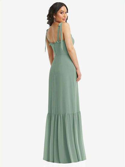【STYLE: 1570】Tie-Shoulder Bustier Bodice Ruffle-Hem Maxi Dress【COLOR: Seagrass】