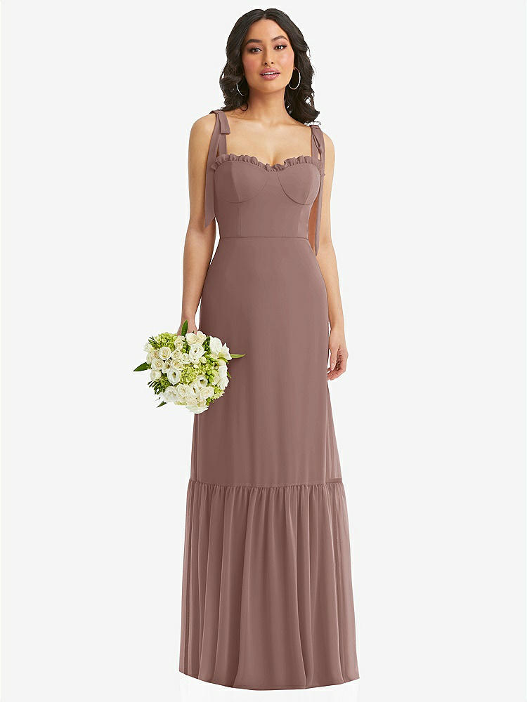 【STYLE: 1570】Tie-Shoulder Bustier Bodice Ruffle-Hem Maxi Dress【COLOR: Sienna】