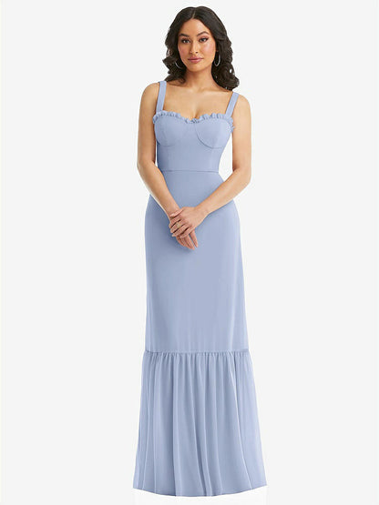 【STYLE: 1570】Tie-Shoulder Bustier Bodice Ruffle-Hem Maxi Dress【COLOR: Sky Blue】
