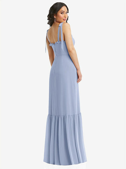【STYLE: 1570】Tie-Shoulder Bustier Bodice Ruffle-Hem Maxi Dress【COLOR: Sky Blue】