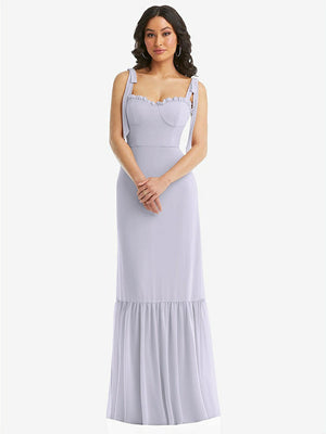 【NEW】【STYLE: 1570】タイショルダー ビュスティア ボディス フリルヘム マキシ ドレス【COLOR: Silver Dove】【SIZE: 00-30W】