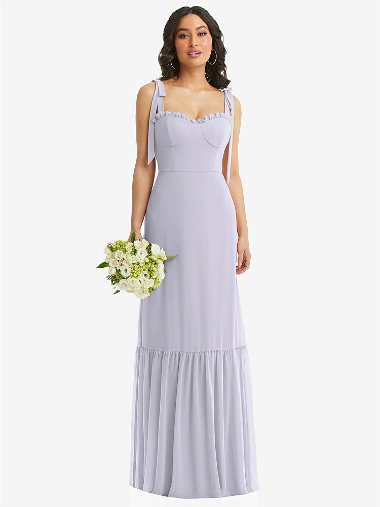 【NEW】【STYLE: 1570】タイショルダー ビュスティア ボディス フリルヘム マキシ ドレス【COLOR: Silver Dove】【SIZE: 00-30W】