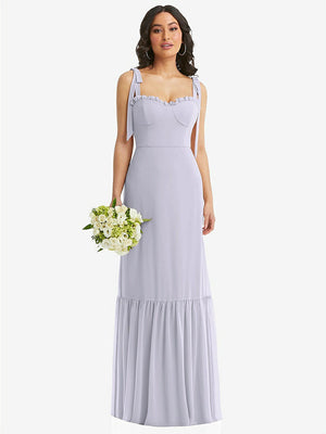 【NEW】【STYLE: 1570】タイショルダー ビュスティア ボディス フリルヘム マキシ ドレス【COLOR: Silver Dove】【SIZE: 00-30W】