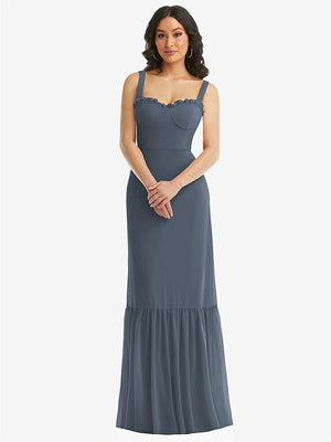 【NEW】【STYLE: 1570】タイショルダー ビュスティア ボディス フリルヘム マキシ ドレス【COLOR: Silverstone】【SIZE: 00-30W】