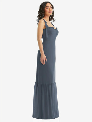 【NEW】【STYLE: 1570】タイショルダー ビュスティア ボディス フリルヘム マキシ ドレス【COLOR: Silverstone】【SIZE: 00-30W】