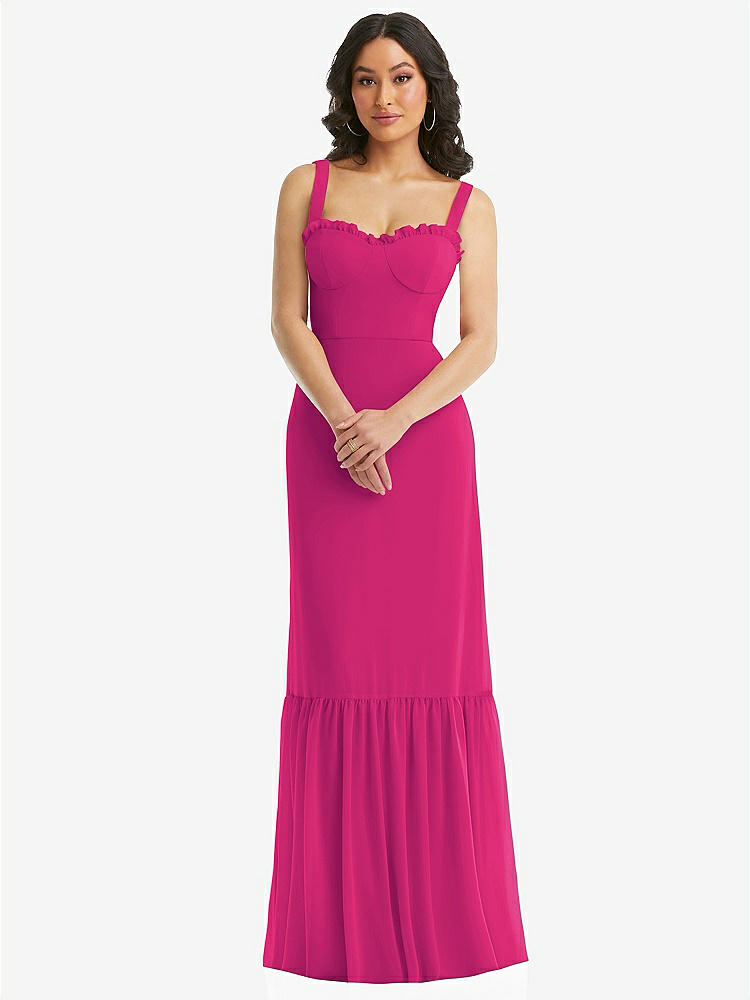 【STYLE: 1570】Tie-Shoulder Bustier Bodice Ruffle-Hem Maxi Dress【COLOR: Think Pink】
