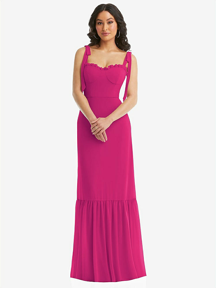 【STYLE: 1570】Tie-Shoulder Bustier Bodice Ruffle-Hem Maxi Dress【COLOR: Think Pink】