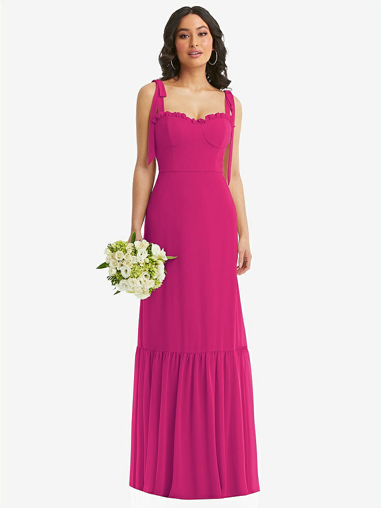 【STYLE: 1570】Tie-Shoulder Bustier Bodice Ruffle-Hem Maxi Dress【COLOR: Think Pink】