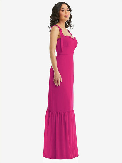 【STYLE: 1570】Tie-Shoulder Bustier Bodice Ruffle-Hem Maxi Dress【COLOR: Think Pink】