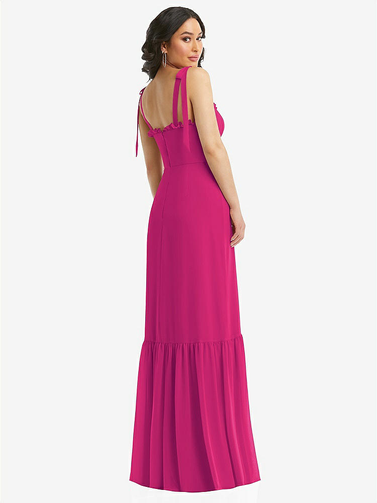 【STYLE: 1570】Tie-Shoulder Bustier Bodice Ruffle-Hem Maxi Dress【COLOR: Think Pink】