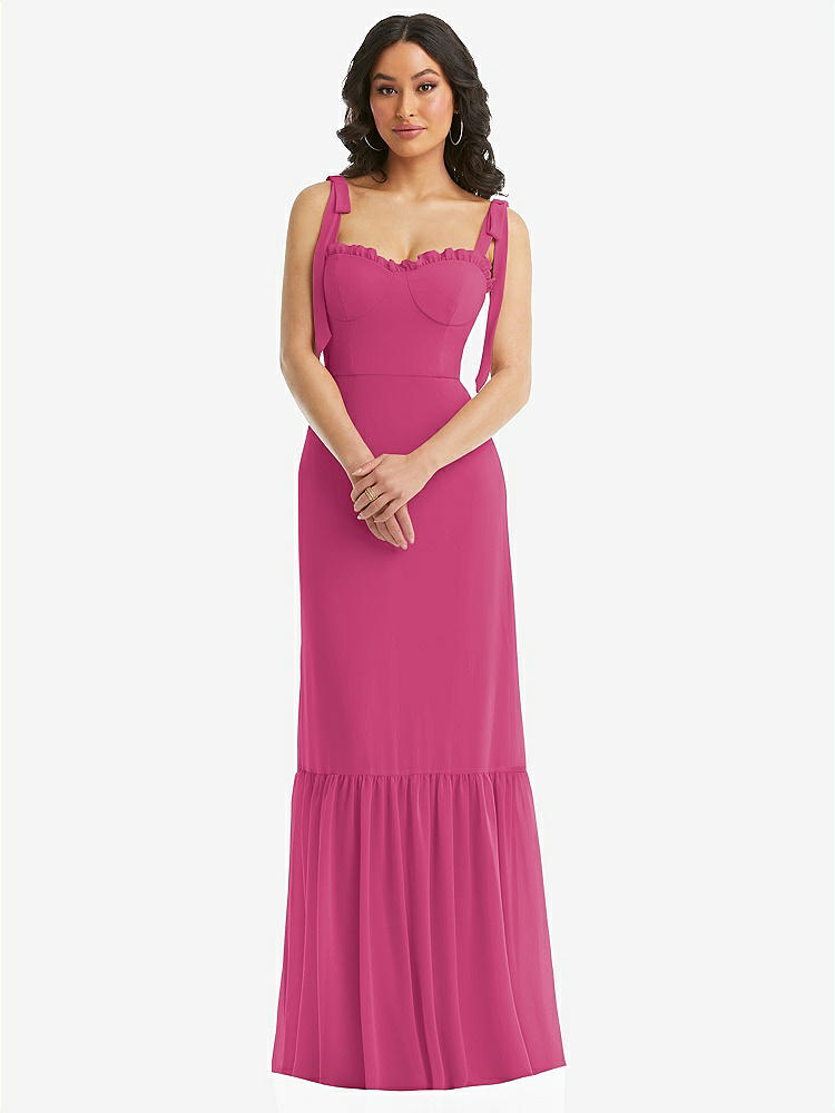 【STYLE: 1570】Tie-Shoulder Bustier Bodice Ruffle-Hem Maxi Dress【COLOR: Tea Rose】