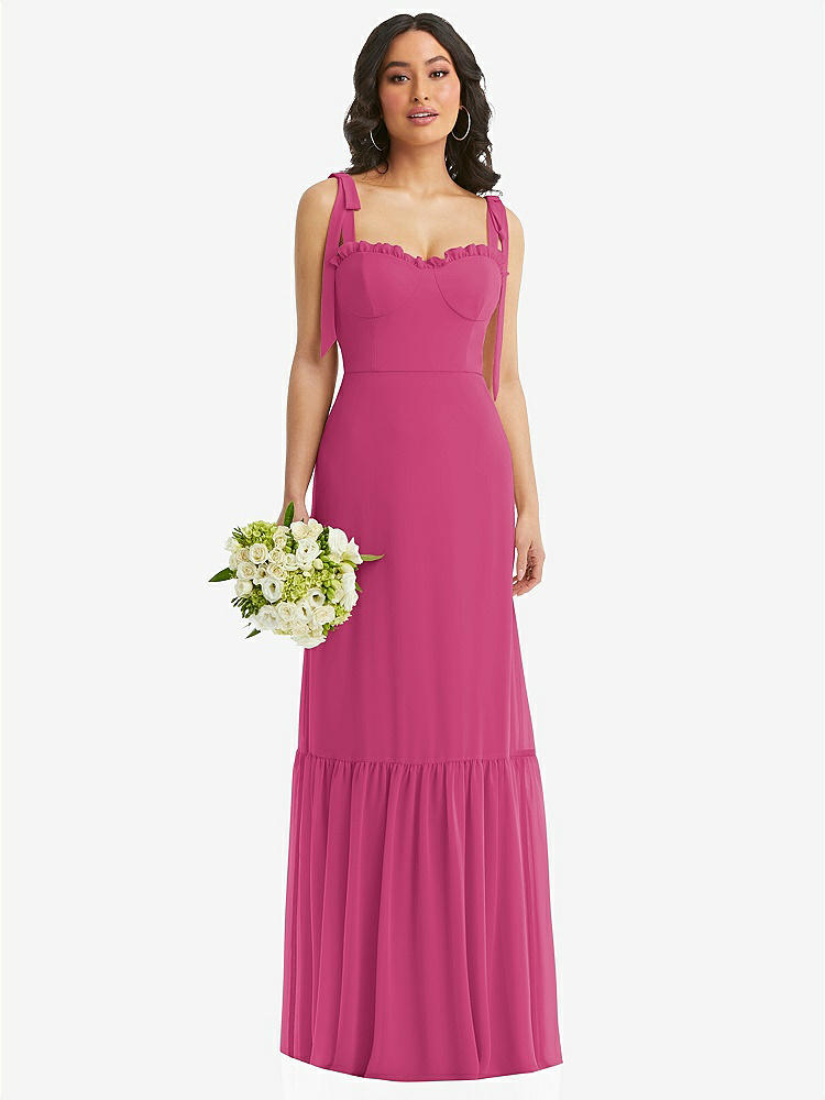 【STYLE: 1570】Tie-Shoulder Bustier Bodice Ruffle-Hem Maxi Dress【COLOR: Tea Rose】