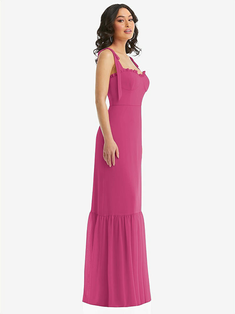 【STYLE: 1570】Tie-Shoulder Bustier Bodice Ruffle-Hem Maxi Dress【COLOR: Tea Rose】