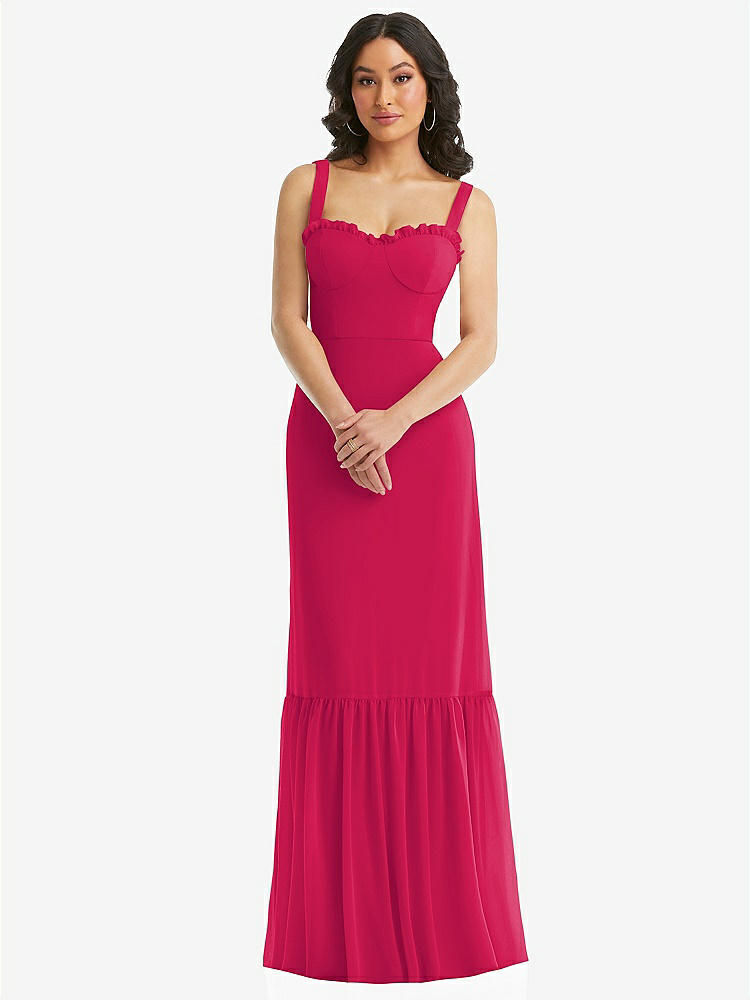 【STYLE: 1570】Tie-Shoulder Bustier Bodice Ruffle-Hem Maxi Dress【COLOR: Vivid Pink】
