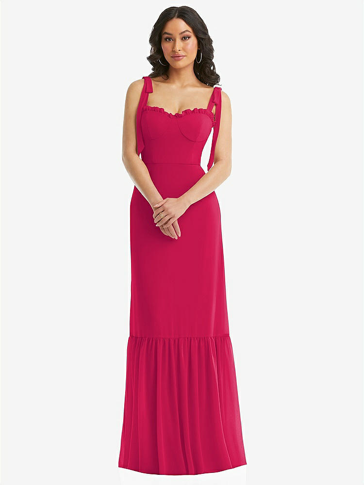【STYLE: 1570】Tie-Shoulder Bustier Bodice Ruffle-Hem Maxi Dress【COLOR: Vivid Pink】