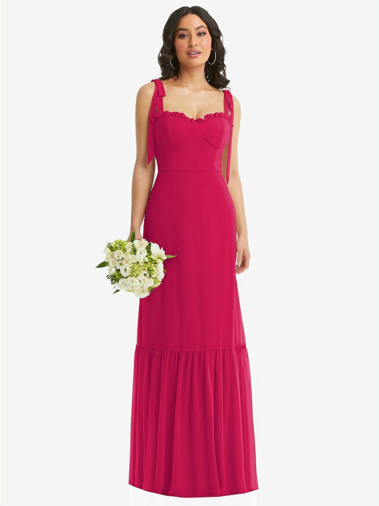 【STYLE: 1570】Tie-Shoulder Bustier Bodice Ruffle-Hem Maxi Dress【COLOR: Vivid Pink】