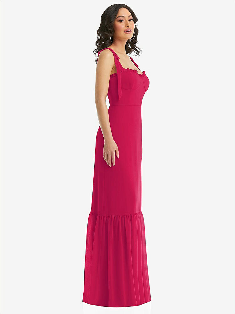 【STYLE: 1570】Tie-Shoulder Bustier Bodice Ruffle-Hem Maxi Dress【COLOR: Vivid Pink】