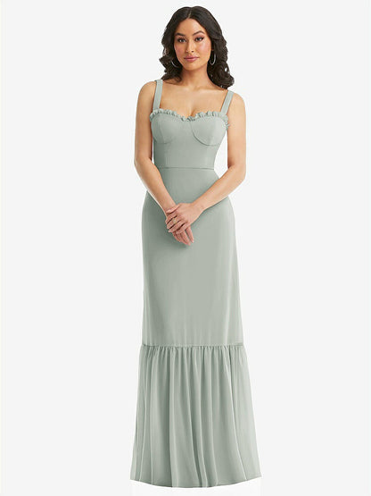 【STYLE: 1570】Tie-Shoulder Bustier Bodice Ruffle-Hem Maxi Dress【COLOR: Willow Green】