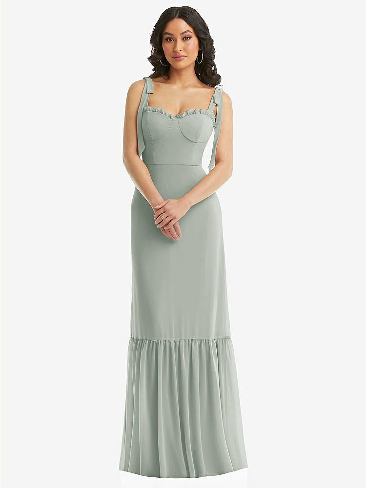 【STYLE: 1570】Tie-Shoulder Bustier Bodice Ruffle-Hem Maxi Dress【COLOR: Willow Green】