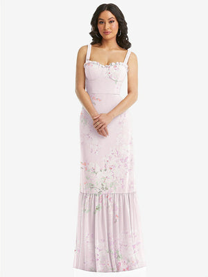 【NEW】【STYLE: 1570】タイショルダー ビュスティア ボディス フリルヘム マキシ ドレス【COLOR: Watercolor Print】【SIZE: 00-30W】