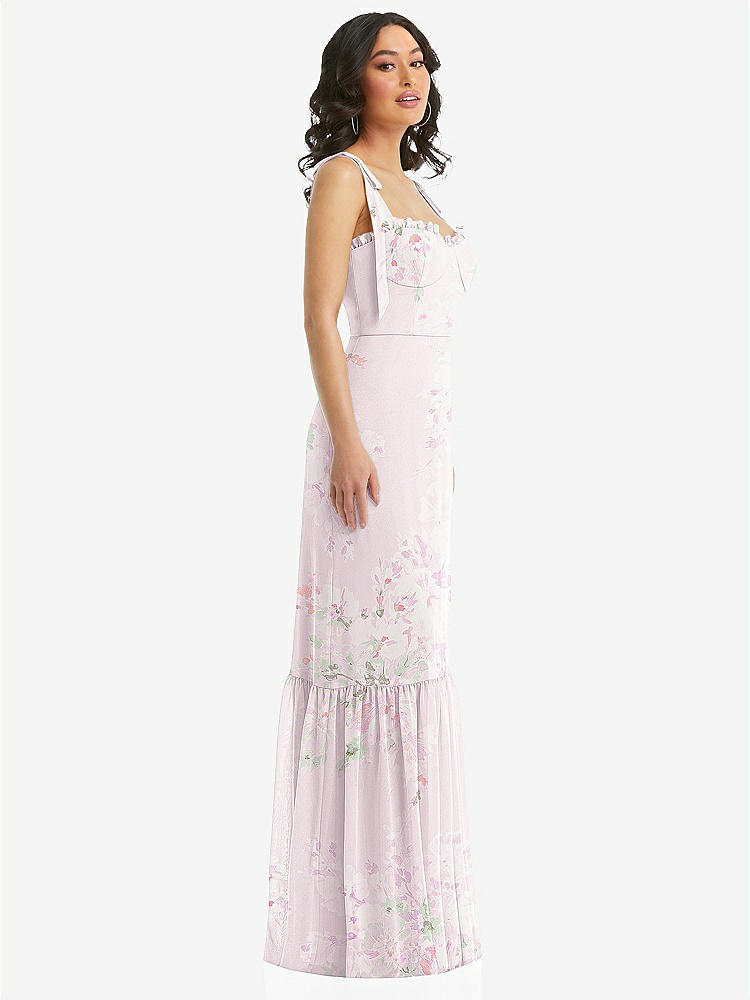 【STYLE: 1570】Tie-Shoulder Bustier Bodice Ruffle-Hem Maxi Dress【COLOR: Watercolor Print】
