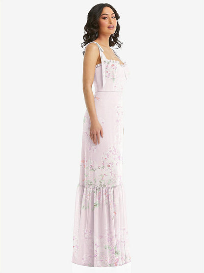 【STYLE: 1570】Tie-Shoulder Bustier Bodice Ruffle-Hem Maxi Dress【COLOR: Watercolor Print】