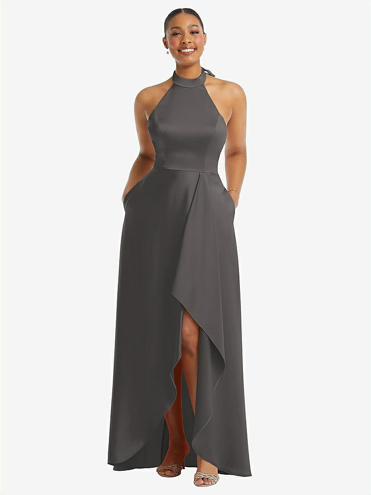 【STYLE: 3113】High-Neck Tie-Back Halter Cascading High Low Maxi Dress【COLOR: Caviar Gray】