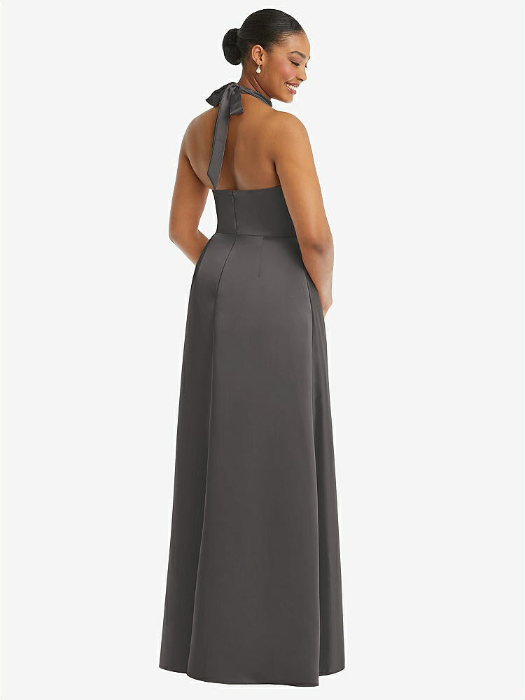 【STYLE: 3113】High-Neck Tie-Back Halter Cascading High Low Maxi Dress【COLOR: Caviar Gray】