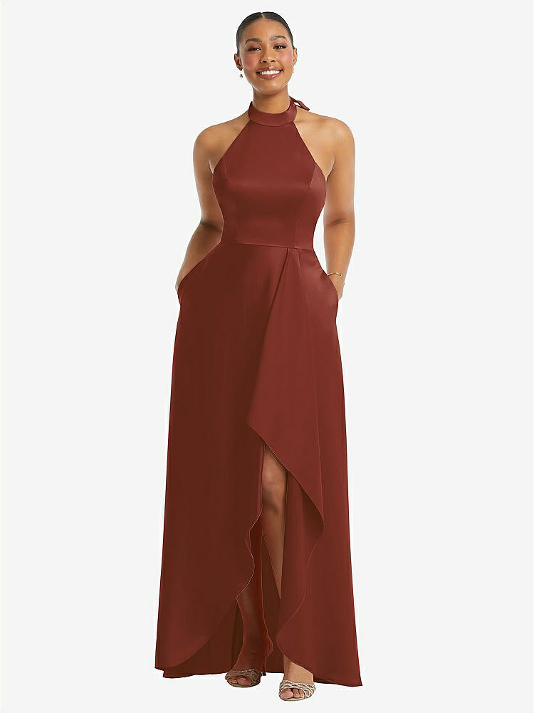 【STYLE: 3113】High-Neck Tie-Back Halter Cascading High Low Maxi Dress【COLOR: Auburn Moon】