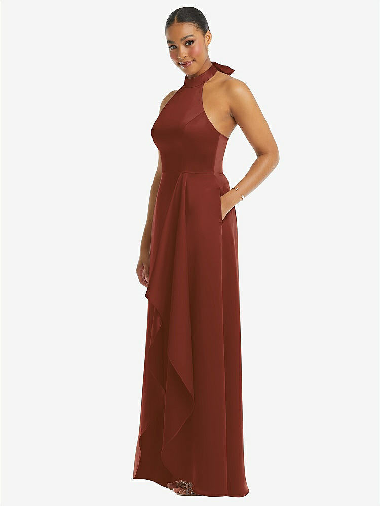 【STYLE: 3113】High-Neck Tie-Back Halter Cascading High Low Maxi Dress【COLOR: Auburn Moon】