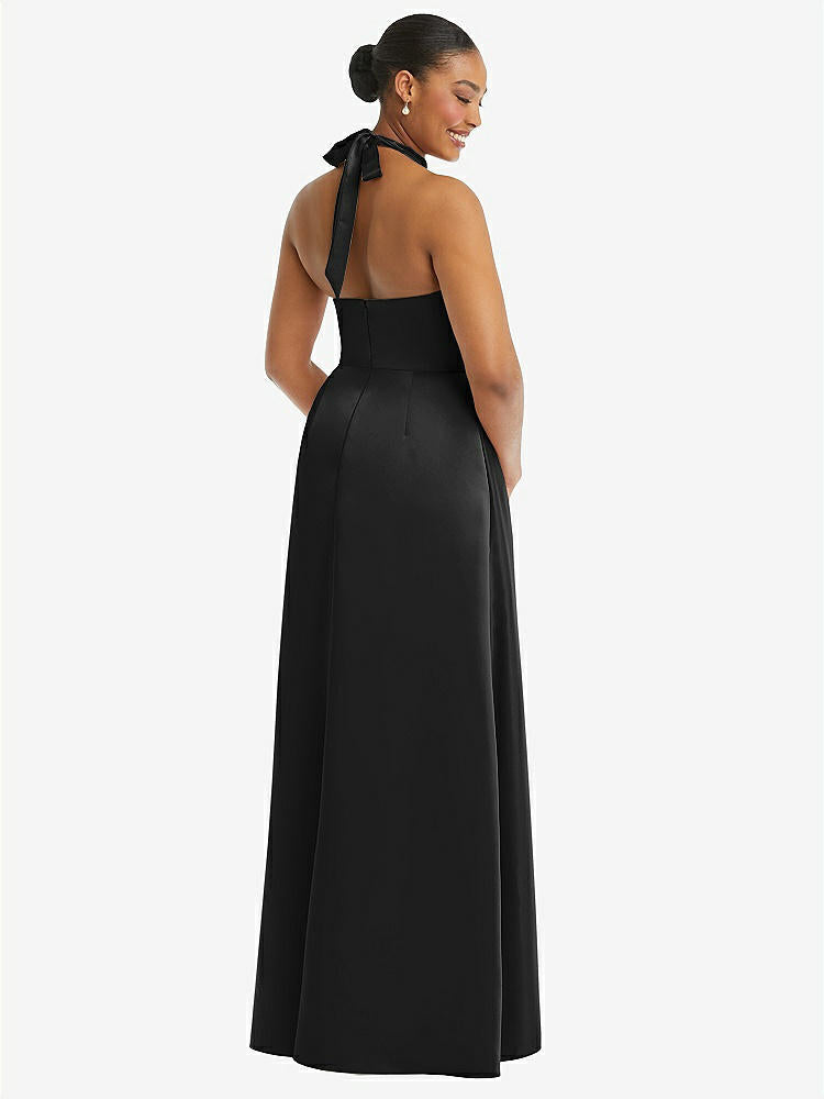 【STYLE: 3113】High-Neck Tie-Back Halter Cascading High Low Maxi Dress【COLOR: Black】