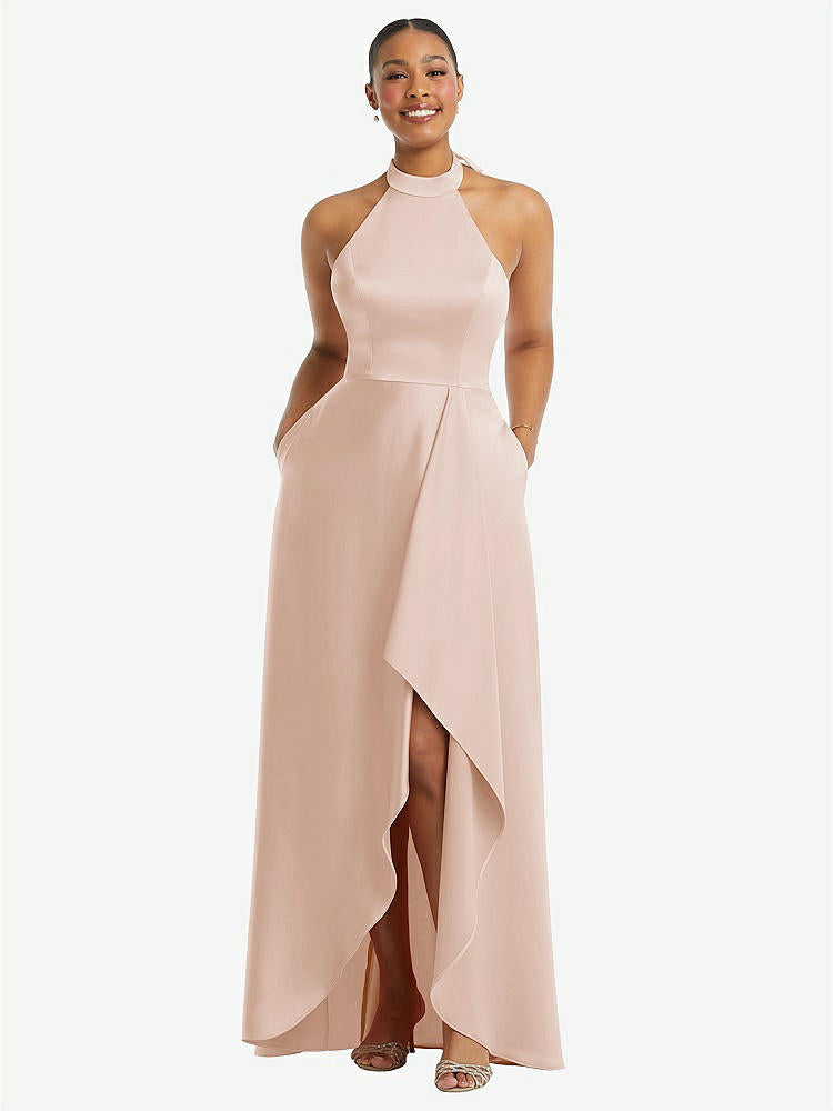 【STYLE: 3113】High-Neck Tie-Back Halter Cascading High Low Maxi Dress【Cameo】