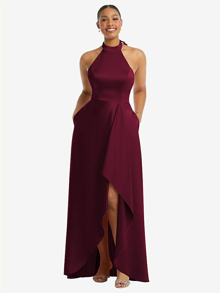 【STYLE: 3113】High-Neck Tie-Back Halter Cascading High Low Maxi Dress【Cabernet】