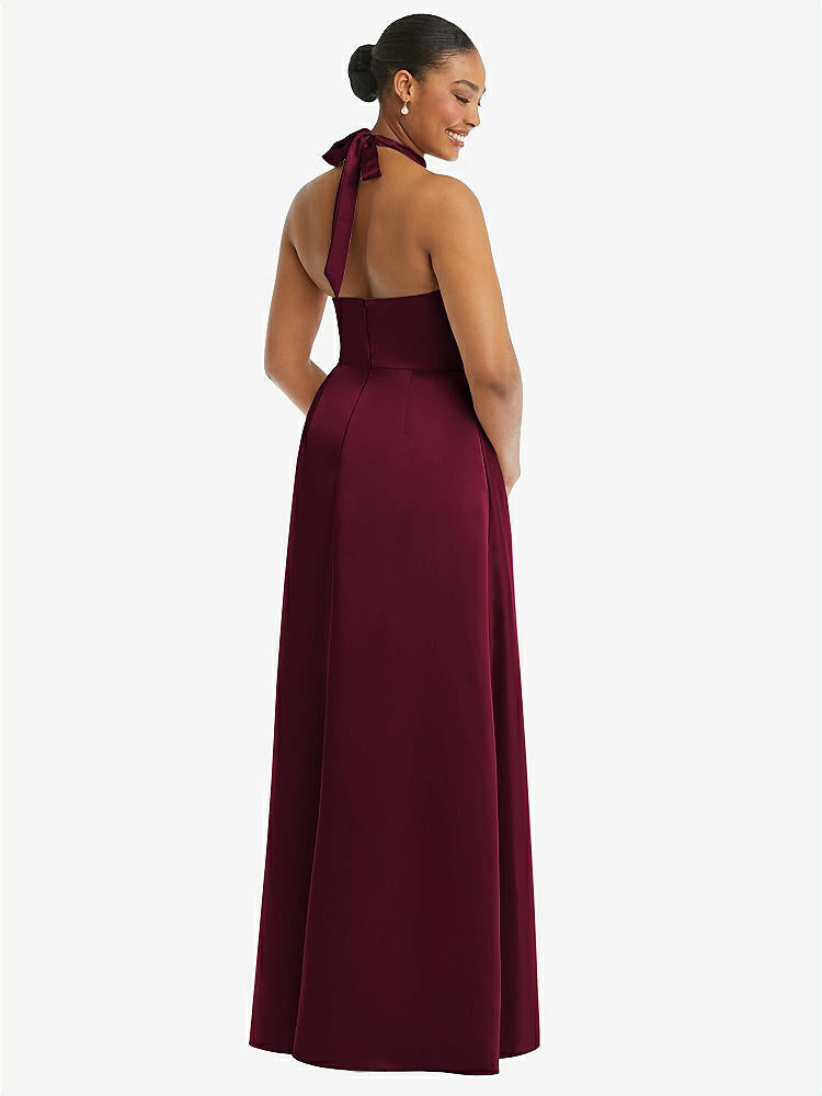 【STYLE: 3113】High-Neck Tie-Back Halter Cascading High Low Maxi Dress【Cabernet】