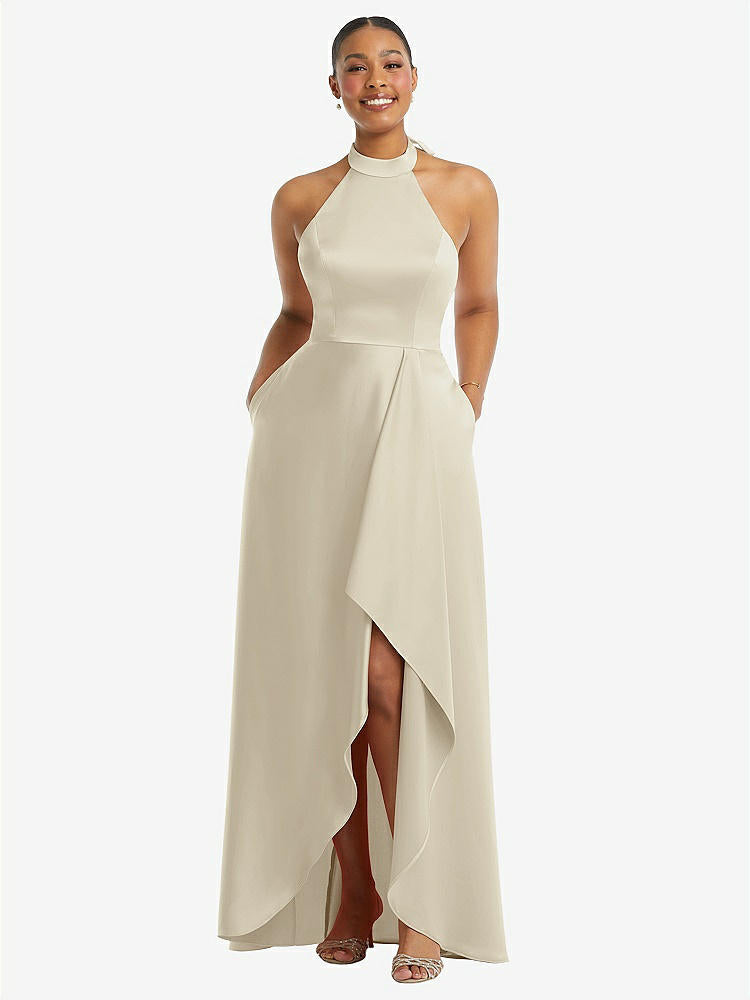 【STYLE: 3113】High-Neck Tie-Back Halter Cascading High Low Maxi Dress【Champagne】