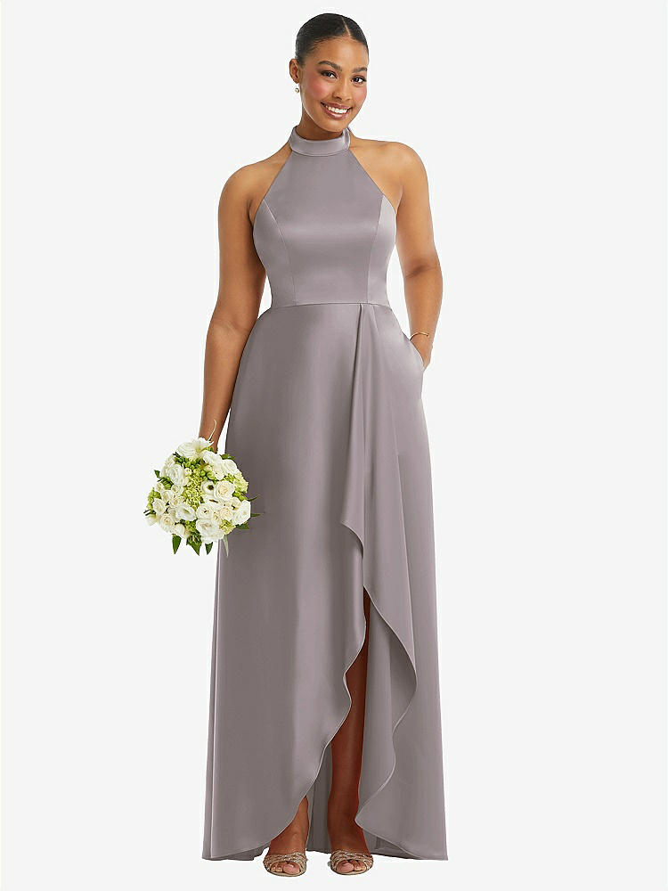 【STYLE: 3113】High-Neck Tie-Back Halter Cascading High Low Maxi Dress【COLOR: Cashmere Gray】