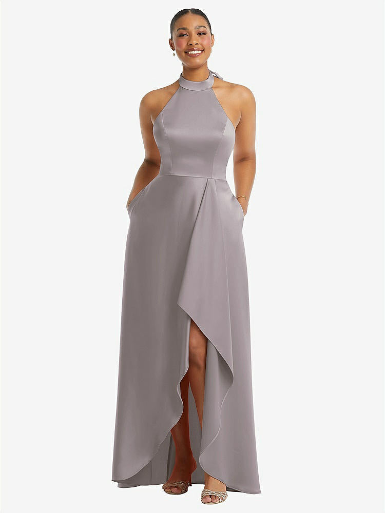 【STYLE: 3113】High-Neck Tie-Back Halter Cascading High Low Maxi Dress【COLOR: Cashmere Gray】