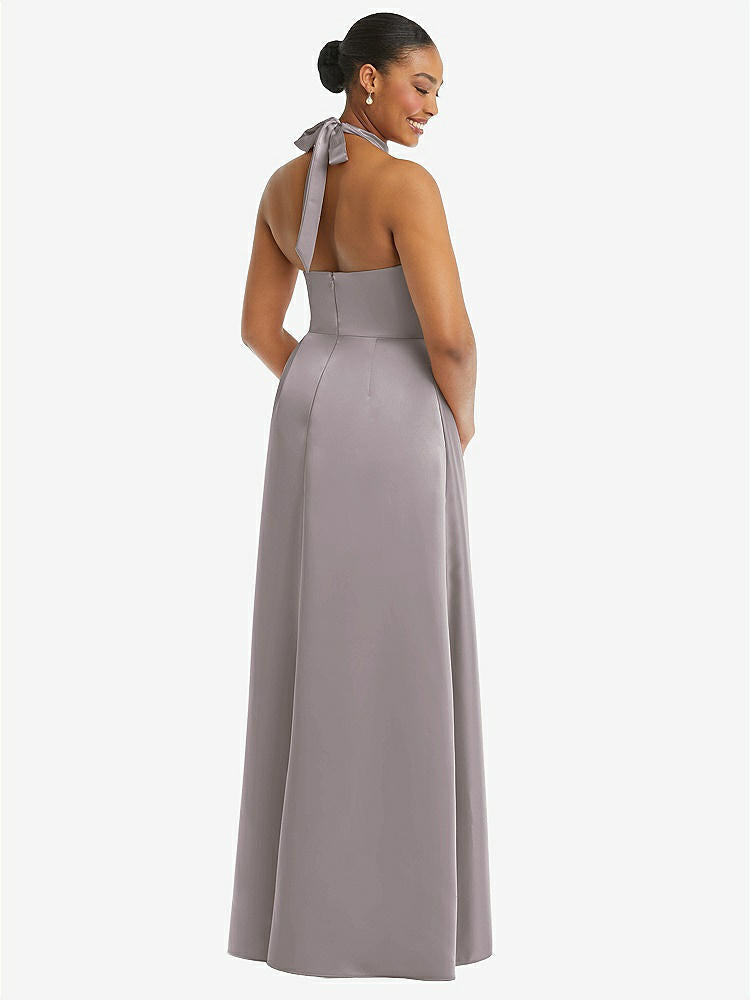 【STYLE: 3113】High-Neck Tie-Back Halter Cascading High Low Maxi Dress【COLOR: Cashmere Gray】