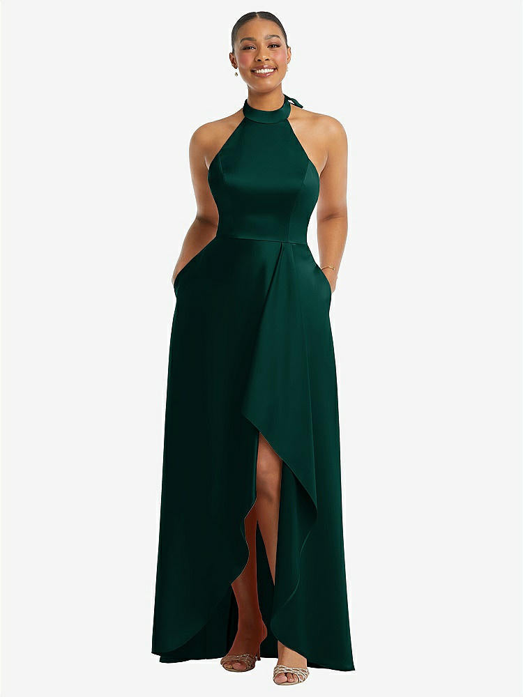 【NEW】【STYLE: 3113】ハイネック ネクタイバック ホルター カスケード 高 低 マキシ ドレス【COLOR: Evergreen】【SIZE: 00-30W】