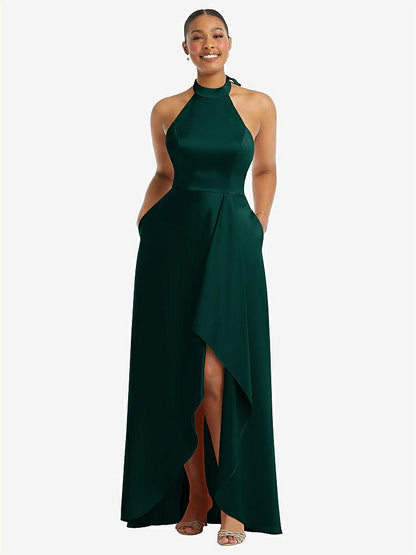 【NEW】【STYLE: 3113】ハイネック ネクタイバック ホルター カスケード 高 低 マキシ ドレス【COLOR: Evergreen】【SIZE: 00-30W】