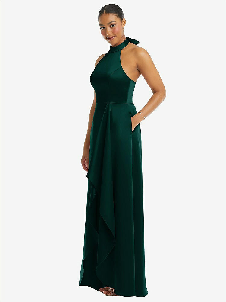 【NEW】【STYLE: 3113】ハイネック ネクタイバック ホルター カスケード 高 低 マキシ ドレス【COLOR: Evergreen】【SIZE: 00-30W】