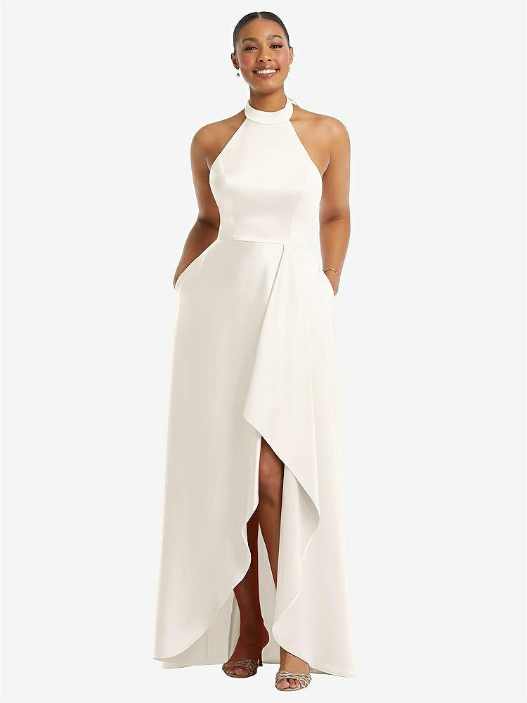 【STYLE: 3113】High-Neck Tie-Back Halter Cascading High Low Maxi Dress【COLOR: Ivory】