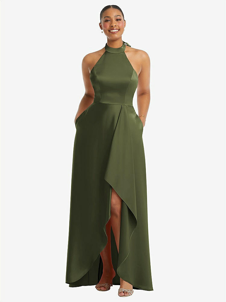 【STYLE: 3113】High-Neck Tie-Back Halter Cascading High Low Maxi Dress【Olive Green】