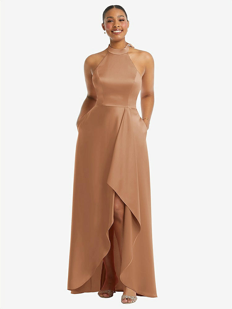 【STYLE: 3113】High-Neck Tie-Back Halter Cascading High Low Maxi Dress【COLOR: Toffee】