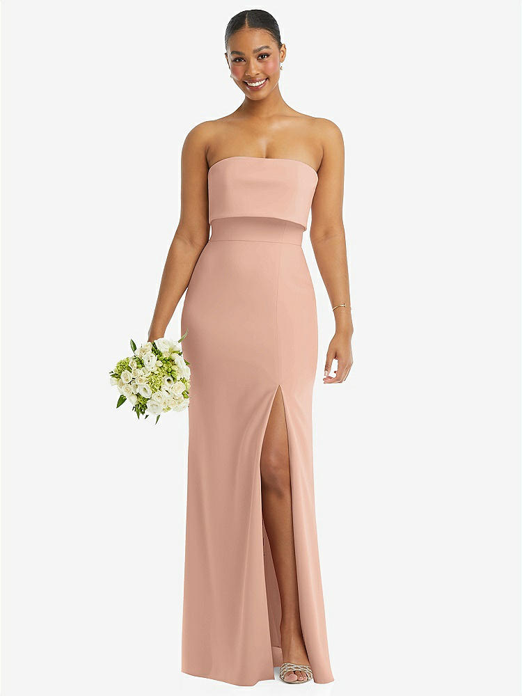 【STYLE: 3115】Strapless Overlay Bodice Crepe Maxi Dress with Front Slit【COLOR: Pale Peach】