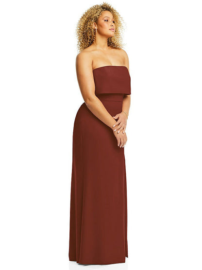 【NEW】【STYLE: 3115】ストラップレス オーバーレイ ボディス クレープ マキシ ドレス 前面 スリット【COLOR: Auburn Moon】【SIZE: 00-18W】