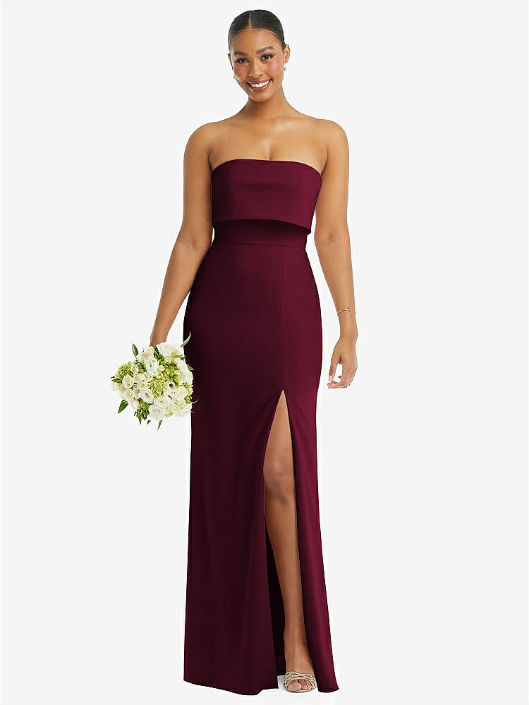 【NEW】【STYLE: 3115】ストラップレス オーバーレイ ボディス クレープ マキシ ドレス 前面 スリット【COLOR: Cabernet】【SIZE: 00-18W】