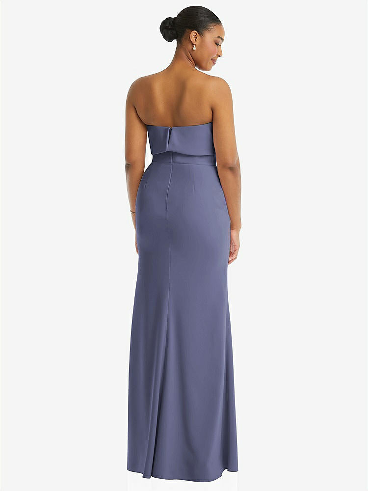 【NEW】【STYLE: 3115】ストラップレス オーバーレイ ボディス クレープ マキシ ドレス 前面 スリット【COLOR: French Blue】【SIZE: 00-18W】
