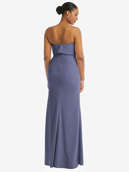 【NEW】【STYLE: 3115】ストラップレス オーバーレイ ボディス クレープ マキシ ドレス 前面 スリット【COLOR: French Blue】【SIZE: 00-18W】