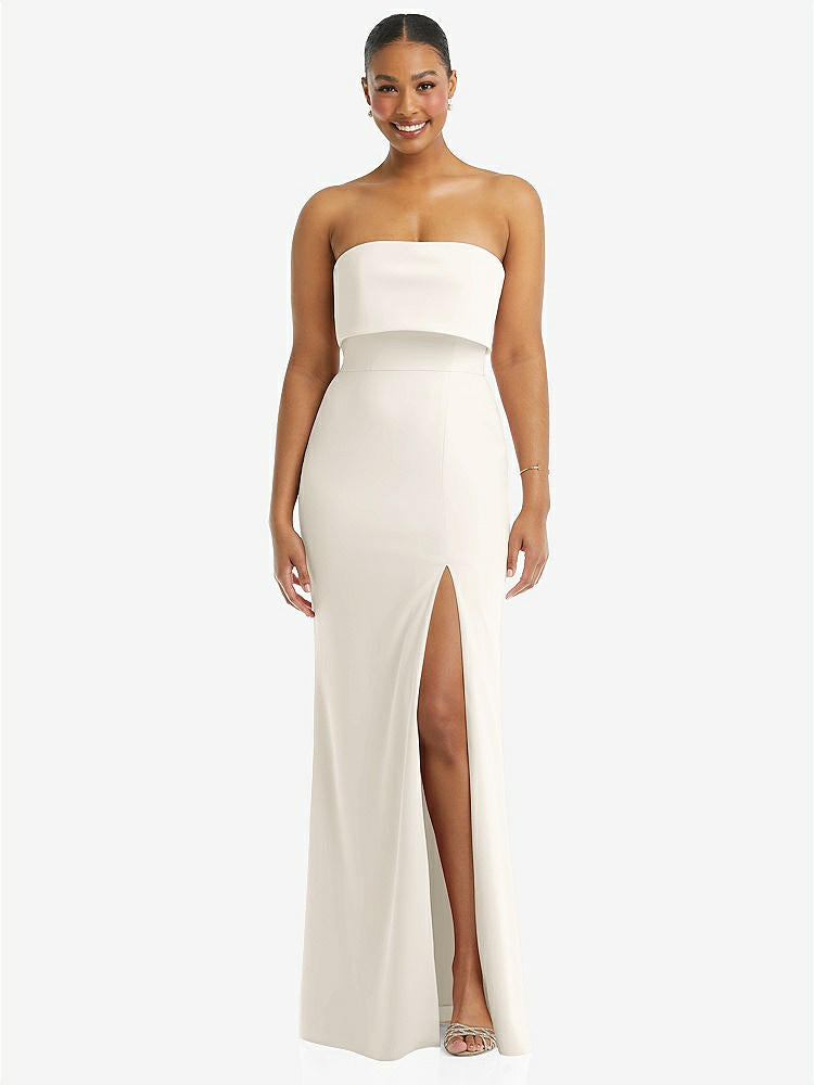 【STYLE: 3115】Strapless Overlay Bodice Crepe Maxi Dress with Front Slit【COLOR: Ivory】